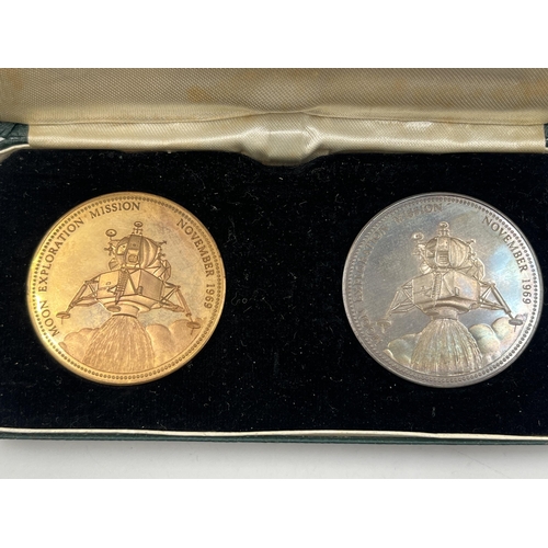 2086 - A cased set two The Franklin Mint Ltd. Apollo 12 Moon Exploration Mission commemorative medallions, ... 