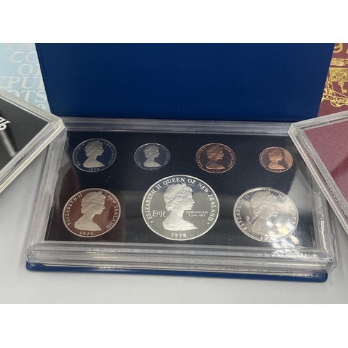 2105 - Five cased coin sets, one 1978 New Zealand proof with 92.5% silver one dollar, one 1978 Mauritius pr... 