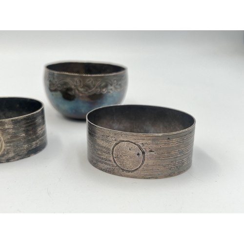 2109 - Four items, two hallmarked Birmingham silver napkin rings, one hallmarked Birmingham silver weighted... 