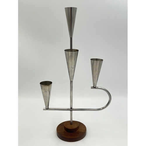 2110 - A mid 20th century DKF Lundtofte Denmark no. 3092 stainless steel and wood candelabra - approx. 32cm... 