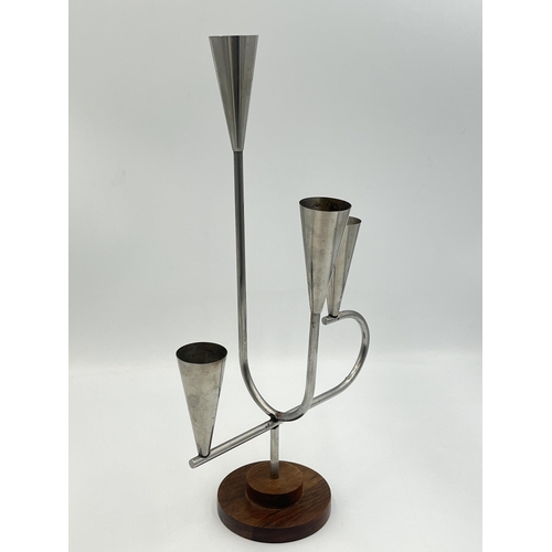 2110 - A mid 20th century DKF Lundtofte Denmark no. 3092 stainless steel and wood candelabra - approx. 32cm... 