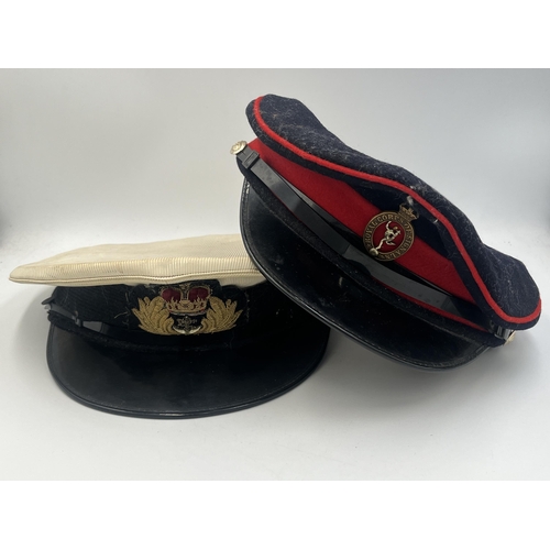 2156 - Two military officer's dress caps, one with Royal Corps of Signals badge and one Royal Navy