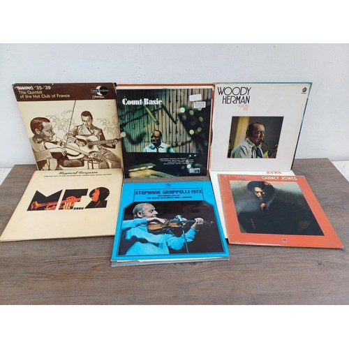 744 - A collection of jazz LP vinyl records to include Johnny Smith, Sarah Vaughan, The Charles Lloyd Quar... 