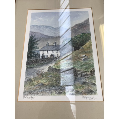 303A - Seven framed pictures, five embroideries, one Colin Williamson 'Blea Tarn House' pencil signed print... 