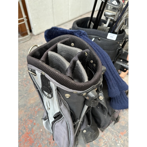 1026 - Three items, one Pro Rider electric golf trolley and two golf bags containing Dunlop clubs