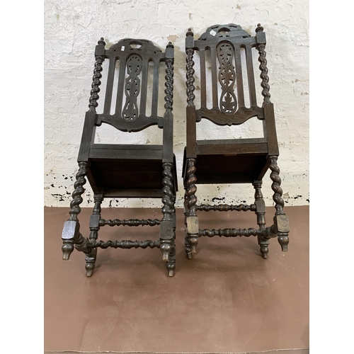 13 - Two Victorian carved oak barley twist dining chairs to include one bearing label 'J. Hunter & Co. Ma... 