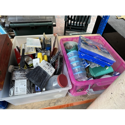 1035 - Six items, two plastic tool boxes containing various tools and four boxes containing paint brushes, ... 