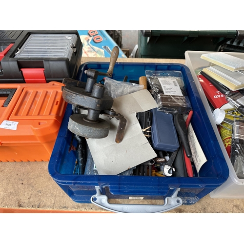 1035 - Six items, two plastic tool boxes containing various tools and four boxes containing paint brushes, ... 