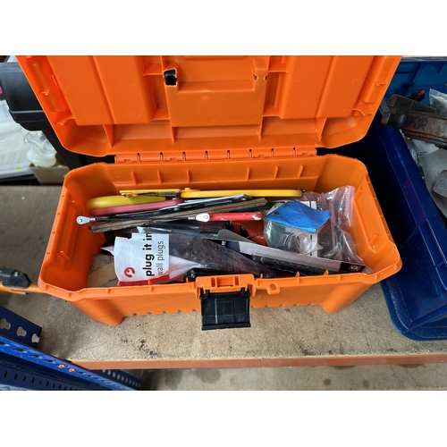 1035 - Six items, two plastic tool boxes containing various tools and four boxes containing paint brushes, ... 