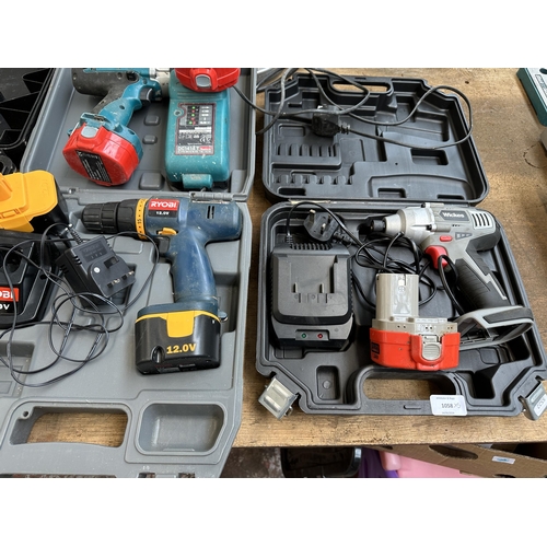 1058 - Five items to include cased DeWalt DC725 cordless drill with battery pack and charger, Makita 41883G... 