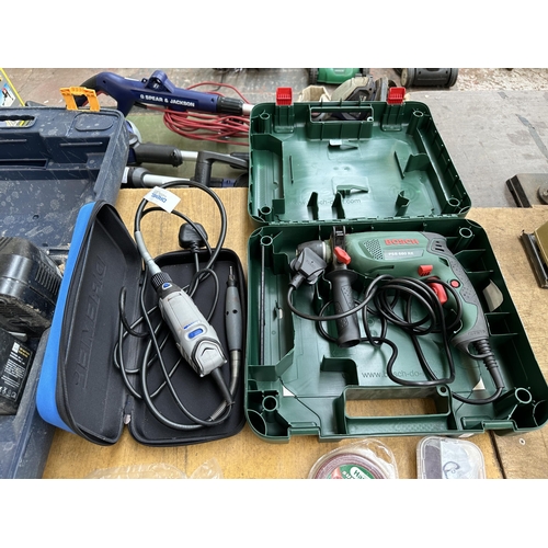 1060 - Six items to include cased Bosch PSB680RE corded SDS drill, cased Dremel 3000 with accessories, Cosm... 