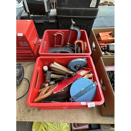 1065 - Two boxes containing vintage hand tools, G clamps etc.