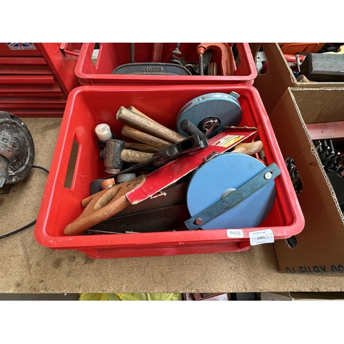 1065 - Two boxes containing vintage hand tools, G clamps etc.