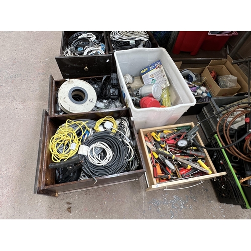 1067 - Ten boxes containing various hand tools, fixtures, fittings, cables etc.