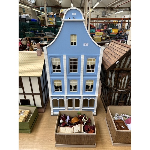 537 - A handmade and painted wooden three storey townhouse with accessories - approx. 100cm high x 48cm x ... 