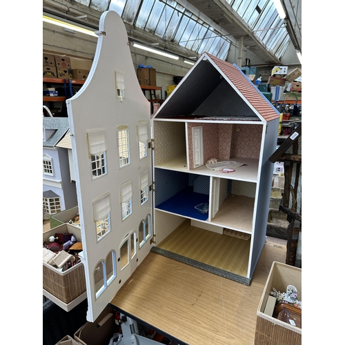 537 - A handmade and painted wooden three storey townhouse with accessories - approx. 100cm high x 48cm x ... 