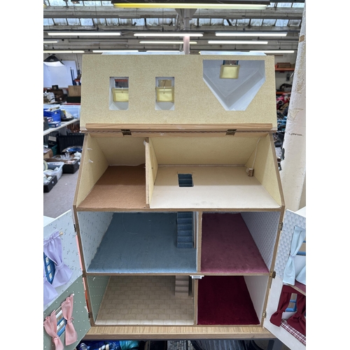 549 - A handmade and painted three storey doll's house and accessories - approx. 61cm high x 57cm wide x 3... 