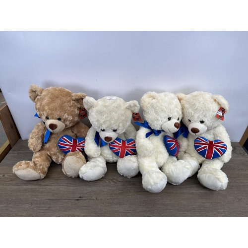 472 - Four Russ Amram's Union Jack teddy bears