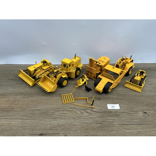 496 - Five diecast model construction vehicles, NZG No.167, Gescha Caterpillar D9, NZG 621, Gescha Caterpi... 