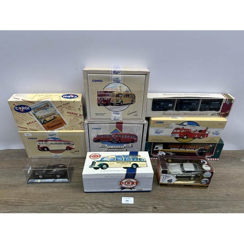 500 - Ten boxed diecast model vehicles to include Corgi Devon Bus Set - model No. 97071, Corgi Ribble Leyl... 