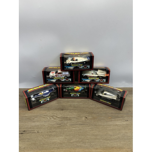 505 - Six vintage boxed Scalextric slot cars, C.456 Ford Cosworth, C.468 Sauber Mercedes, C.436 Porsche 96... 