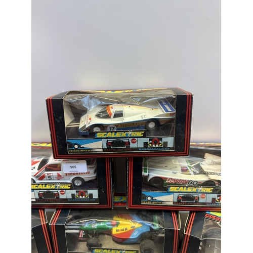 505 - Six vintage boxed Scalextric slot cars, C.456 Ford Cosworth, C.468 Sauber Mercedes, C.436 Porsche 96... 