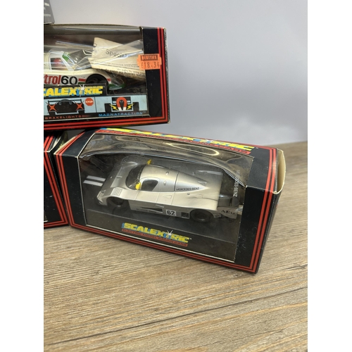 505 - Six vintage boxed Scalextric slot cars, C.456 Ford Cosworth, C.468 Sauber Mercedes, C.436 Porsche 96... 