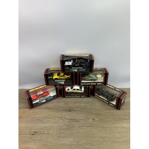 506 - Six vintage boxed Scalextric slot cars, C.464 BMW M3, C.380 Bison Computers Datsun 260Z, C.347 BMW M... 