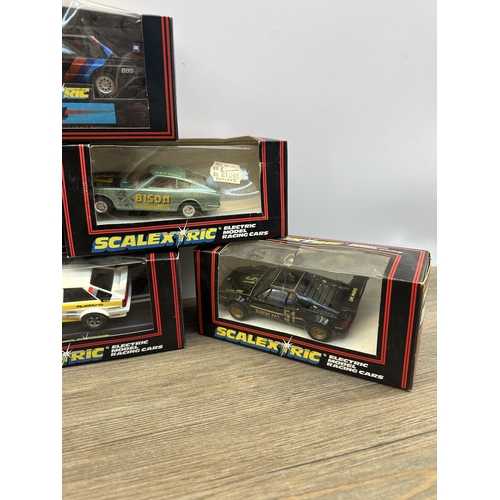 506 - Six vintage boxed Scalextric slot cars, C.464 BMW M3, C.380 Bison Computers Datsun 260Z, C.347 BMW M... 