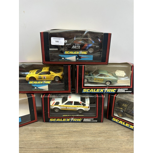 506 - Six vintage boxed Scalextric slot cars, C.464 BMW M3, C.380 Bison Computers Datsun 260Z, C.347 BMW M... 