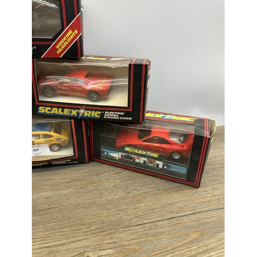 507 - Six vintage boxed Scalextric slot cars, C.379 Ford Capri 3.0s, C.391 Ferrari GTO, C.310 Ferrari F40,... 