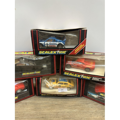 507 - Six vintage boxed Scalextric slot cars, C.379 Ford Capri 3.0s, C.391 Ferrari GTO, C.310 Ferrari F40,... 