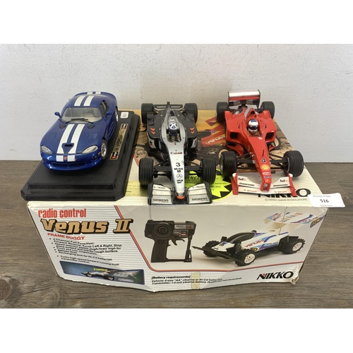 516 - Four items, Nikko Venus II radio controlled buggy - model no. RDC- 15430, Hot Wheels Ferrari F1 2000... 