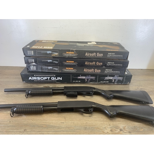 525 - Six Airsoft BB guns comprising two pump action shotguns, three boxed Bison Red-Blooded rifles and on... 