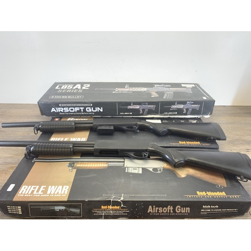 525 - Six Airsoft BB guns comprising two pump action shotguns, three boxed Bison Red-Blooded rifles and on... 