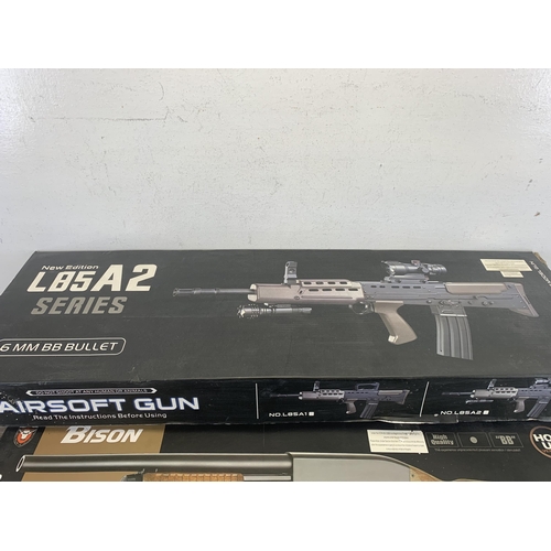 525 - Six Airsoft BB guns comprising two pump action shotguns, three boxed Bison Red-Blooded rifles and on... 