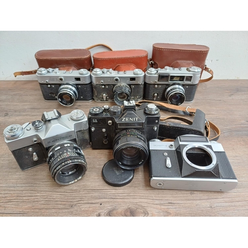 708 - Six Eastern European 35mm cameras, three cased FED screwmount rangefinder, FED 3b  fitted with Indus... 