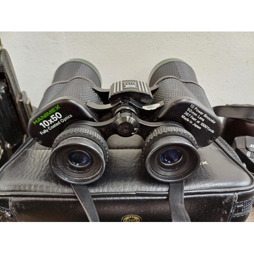 709 - Six items to include cased Hanimex 10x50 binoculars, Pentax PC35AF-M compact 35mm autofocus camera, ... 