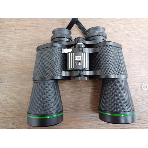 709 - Six items to include cased Hanimex 10x50 binoculars, Pentax PC35AF-M compact 35mm autofocus camera, ... 