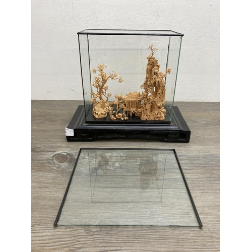 592 - An early to mid 20th century Chinese cork diorama in display case - approx. 24cm high x 29cm wide x ... 