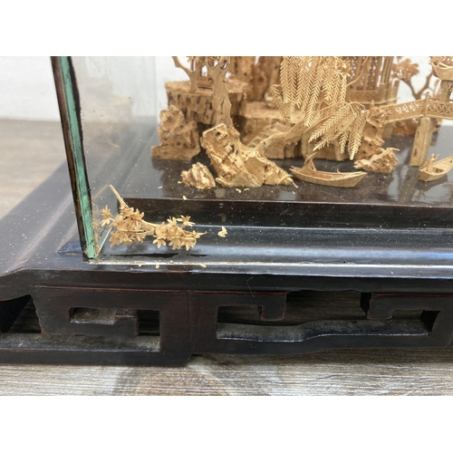 592 - An early to mid 20th century Chinese cork diorama in display case - approx. 24cm high x 29cm wide x ... 