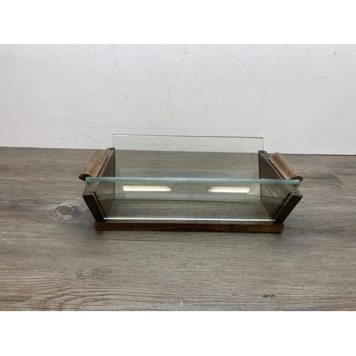 595 - A vintage oak and glazed two handled book trough - approx. 13cm high x 35cm wide x 20cm deep