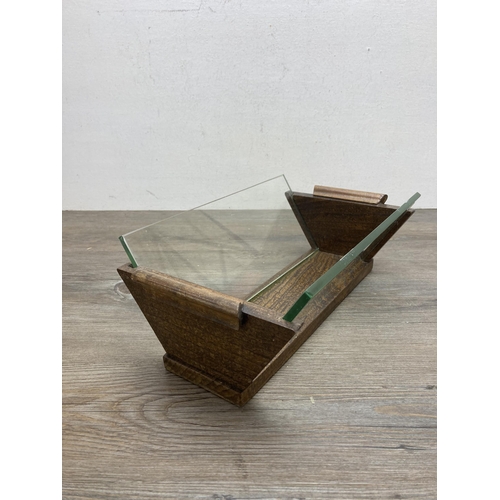 595 - A vintage oak and glazed two handled book trough - approx. 13cm high x 35cm wide x 20cm deep