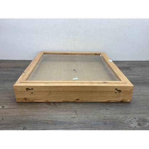 598 - A handmade pine and glazed table top display cabinet - approx. 8.5cm high x 51cm wide x 51cm deep