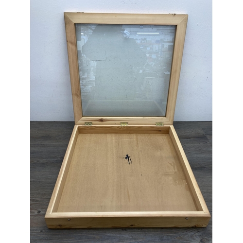 598 - A handmade pine and glazed table top display cabinet - approx. 8.5cm high x 51cm wide x 51cm deep