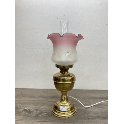 608A - A vintage Duplex brass electric converted oil lamp with acid etched shade