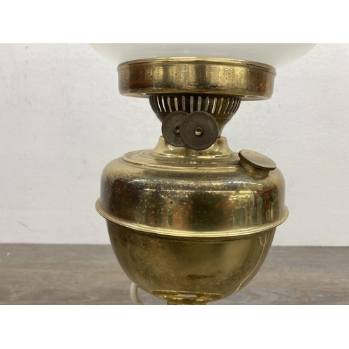 608A - A vintage Duplex brass electric converted oil lamp with acid etched shade