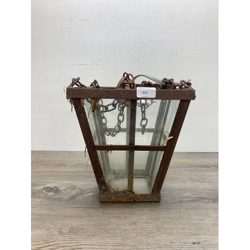 610 - A Georgian style cast iron and glazed porch lantern - approx. 28cm high x 26cm wide