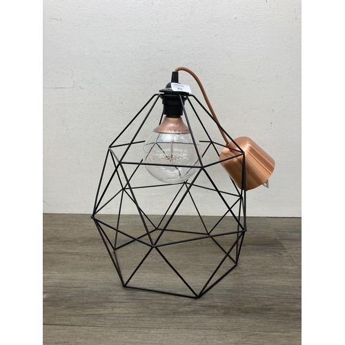 612 - Three contemporary IKEA Hemma black metal and copper cage style pendant lights