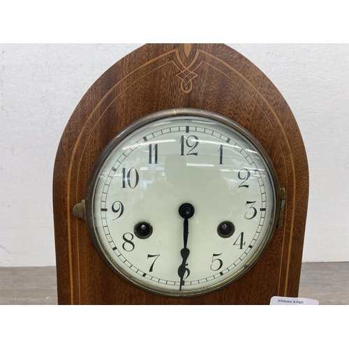 625 - An Edwardian inlaid mahogany cased chiming mantel clock - approx. 31cm high x 21cm wide x 14.5cm dee... 